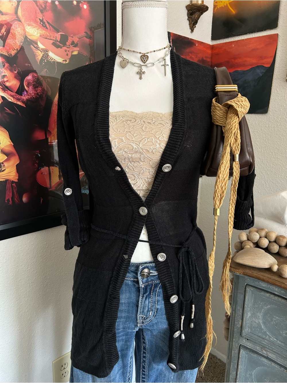 Armani Exchange Vintage Y2K Cardigan Women M Black Stripe Button 3/4 Sleeve Cuff